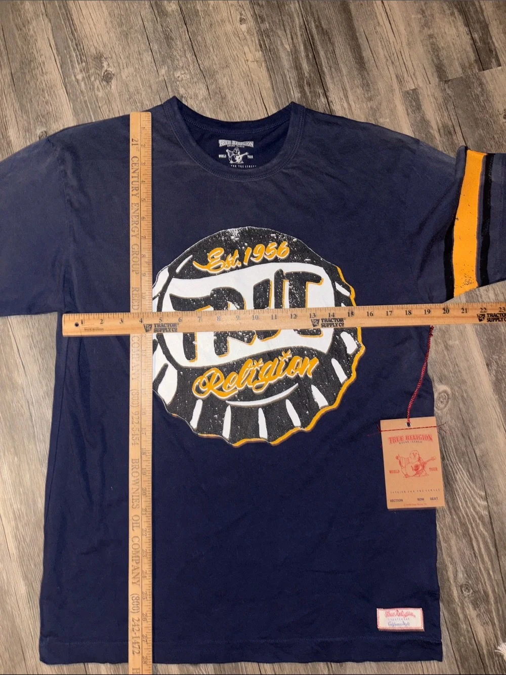 True Religion Navy Short-Sleeve Graphic Logo Tee with Yellow Accents NWT LG